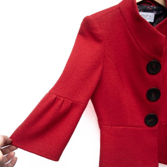 RoFa Moden Womens US 4 100% Wool Red Cropped Coat 3/4 Bell Sleeve Academia Chic - Picture 2 of 8
